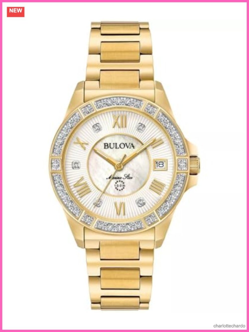 Ladies Marine Star 3-Hand Day Date Quartz Diamond Watch Sapphire Crystal 34mm